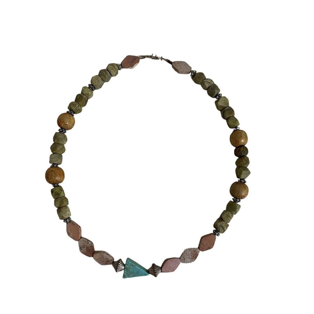 Polished Stone Bead 17” Necklace Wood Accents Hippie Boho Tribal Beach